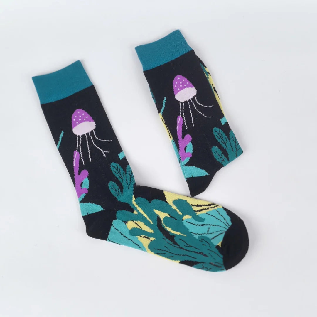 Polyester Elastane Seaweed and Jellyfish Pattern Mid Calf Socks - 5