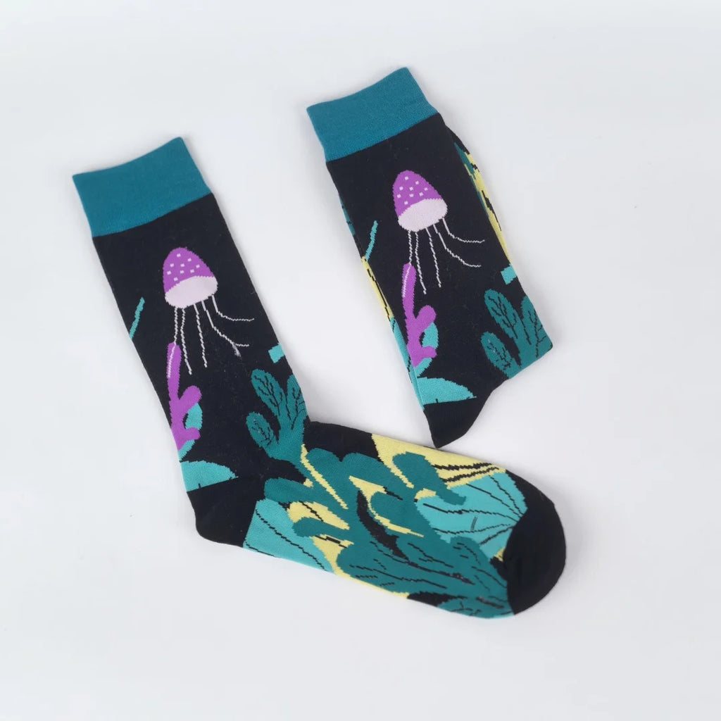 Polyester Elastane Seaweed and Jellyfish Pattern Mid Calf Socks