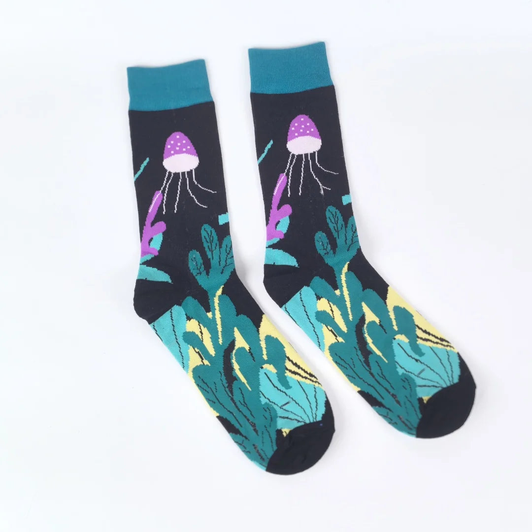 Polyester Elastane Seaweed and Jellyfish Pattern Mid Calf Socks