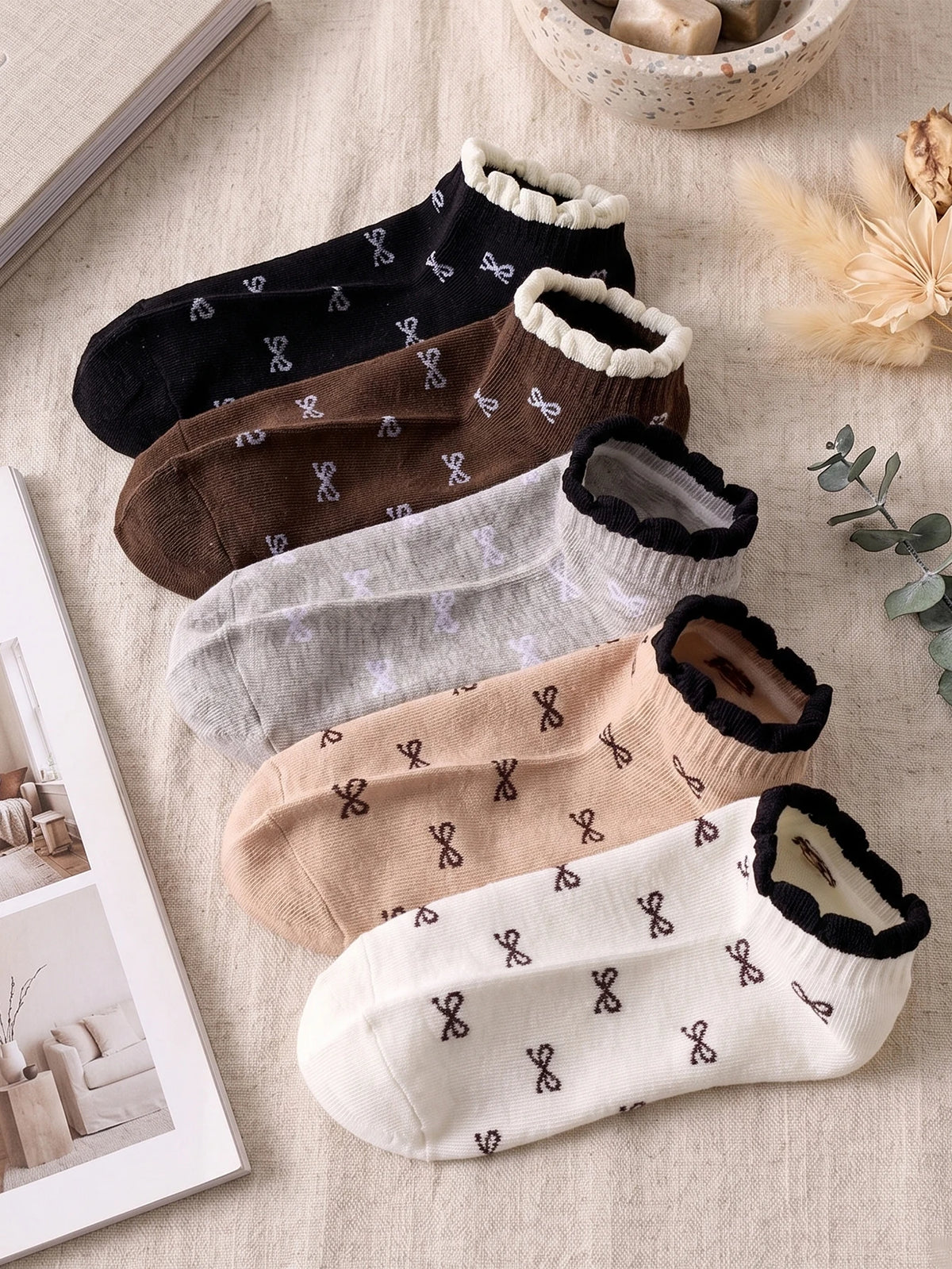 Polyester Elastane Women Low Tube Casual Ankle Socks 5 Pairs