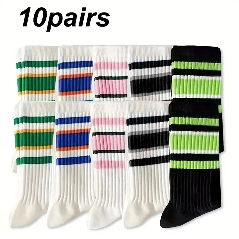 Striped Polyester Cotton Blend Casual Crew Socks