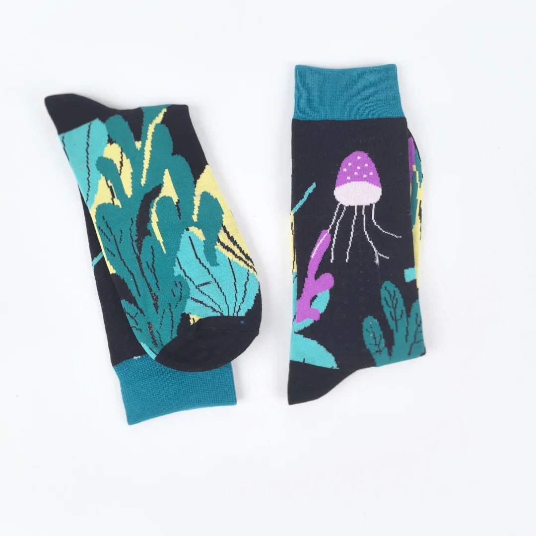 Polyester Elastane Seaweed and Jellyfish Pattern Mid Calf Socks