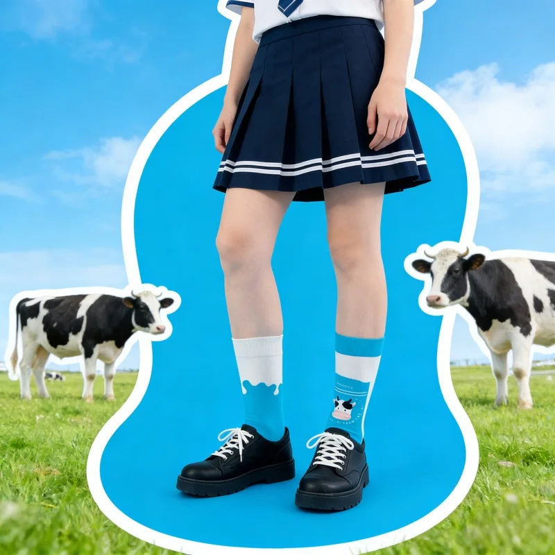 Cotton Blend Milk Cow Print Mid Calf Socks - 1