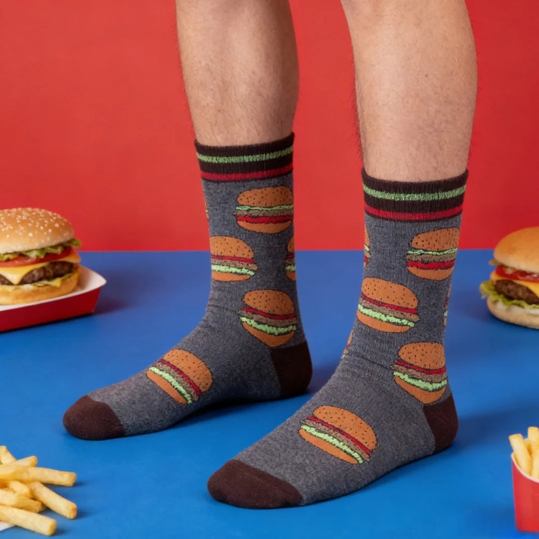 Cotton Blend Mid Calf Burger Print Unisex Socks