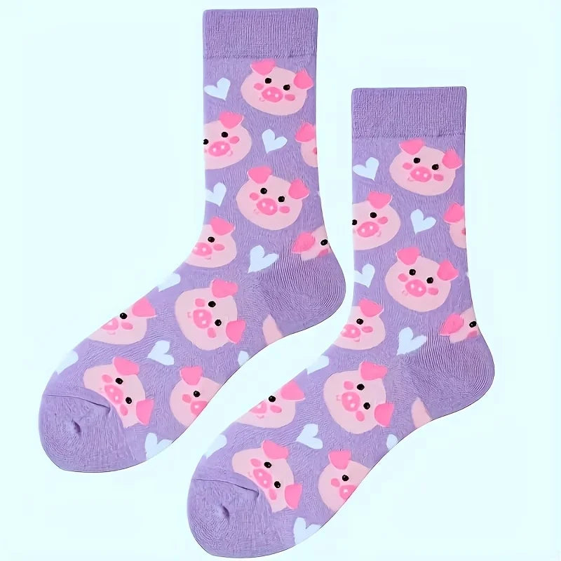Polyester Elastane Cartoon Pig Crew Socks