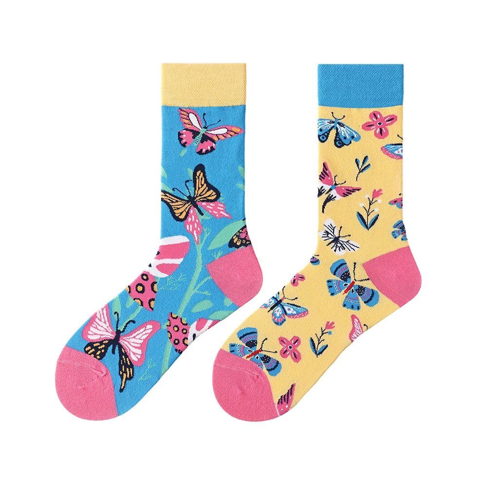 Cotton Blend Butterfly Floral Pattern Mid Calf Socks