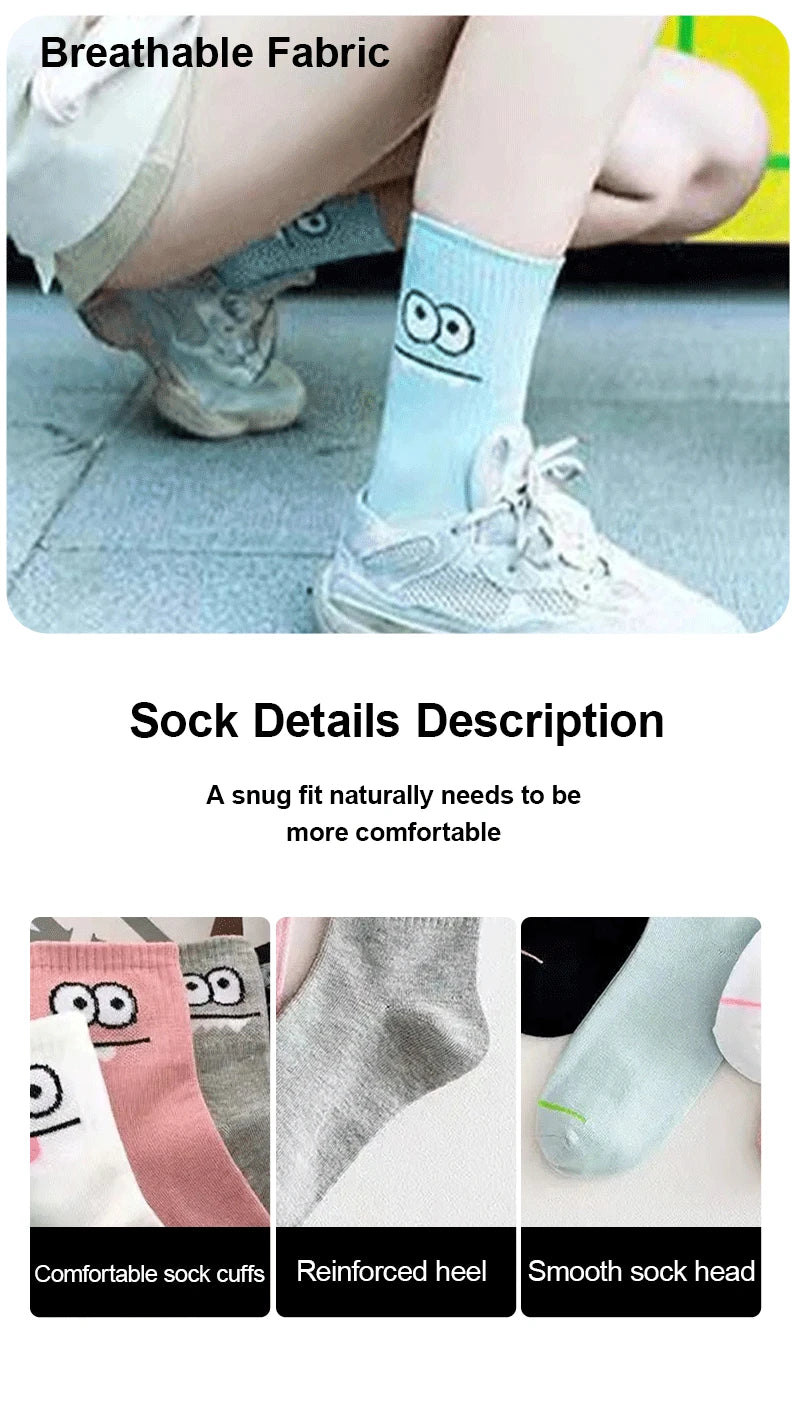 Polyester Blend Cartoon Expression Mid Tube Casual Socks 5 Pack