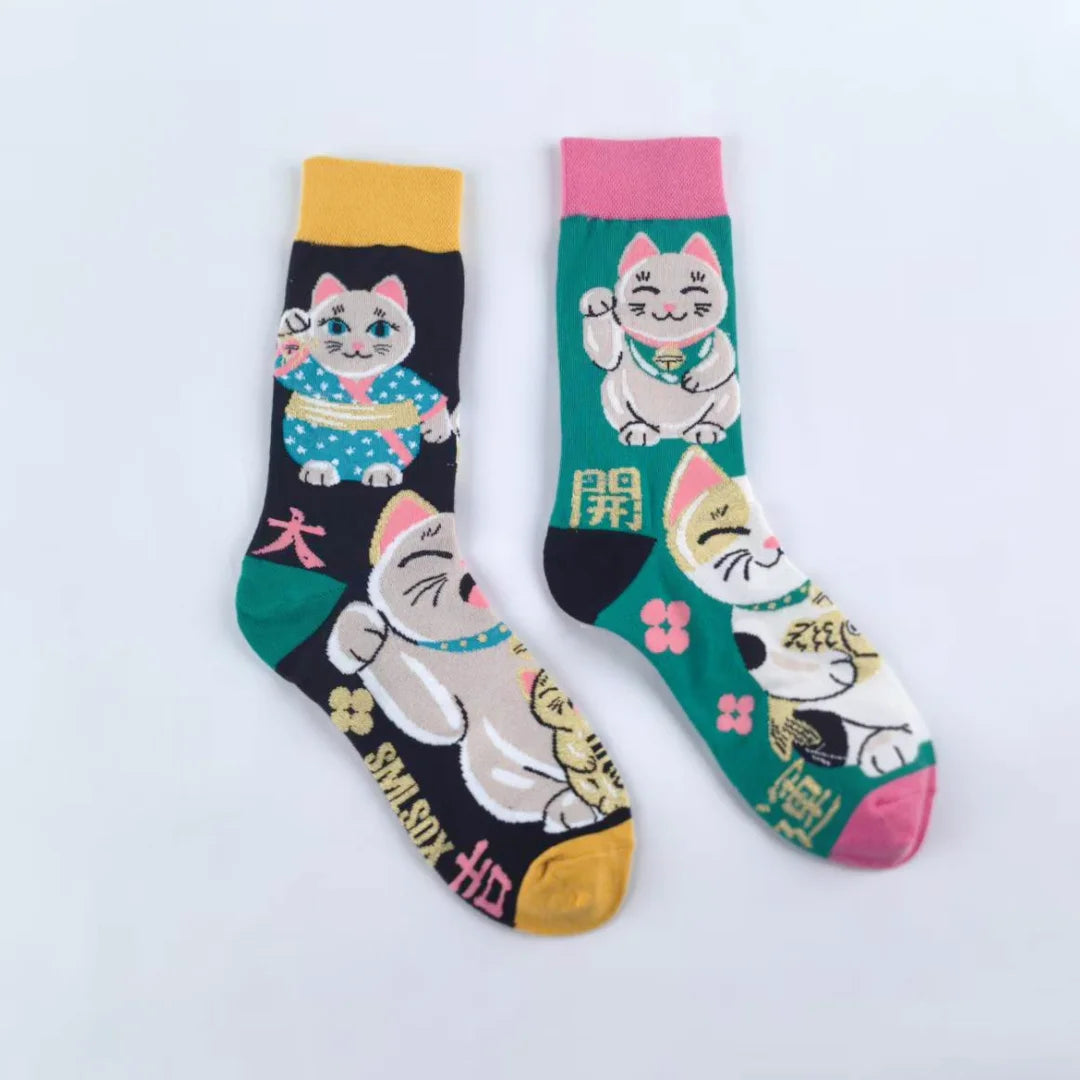 Cotton Blend Lucky Cat Crew Socks - 6