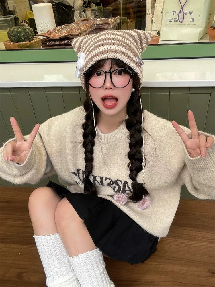Polyester Knit Cat Ear Beanie Hat with Star Decor
