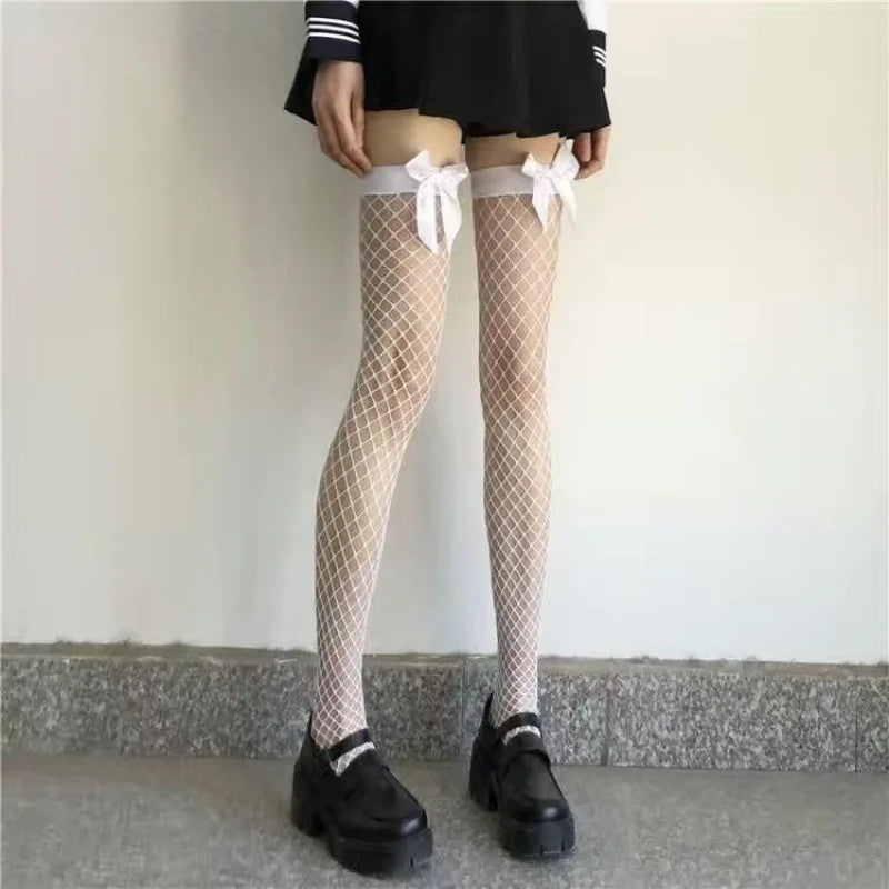 White Fishnet Stockings with Pink Bows Nylon Hollow Out Knee High