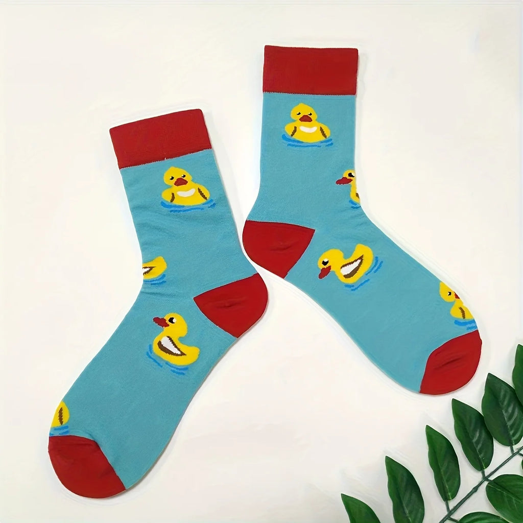 Cotton Blend Yellow Duck Pattern Casual Mid Calf Socks