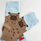 Cotton Blend Capybara Pattern Mid Calf Socks