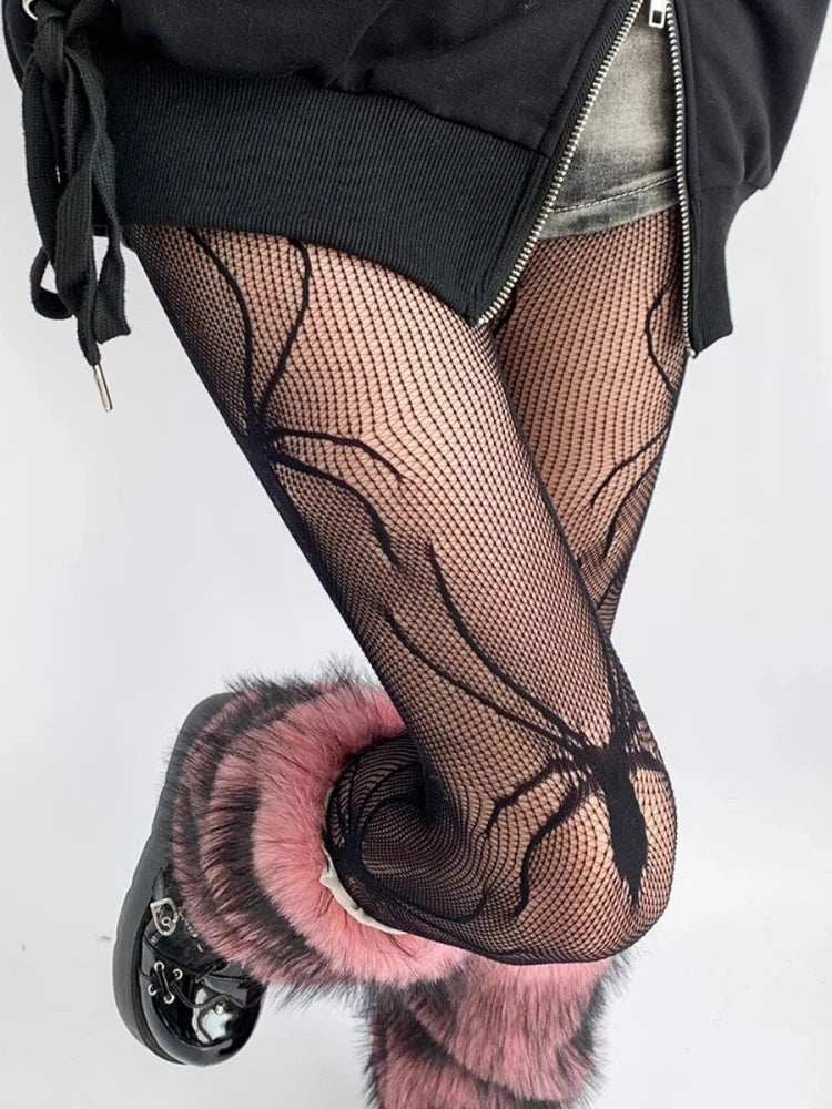 Grey Nylon Spider Pattern Fishnet Tights - 6