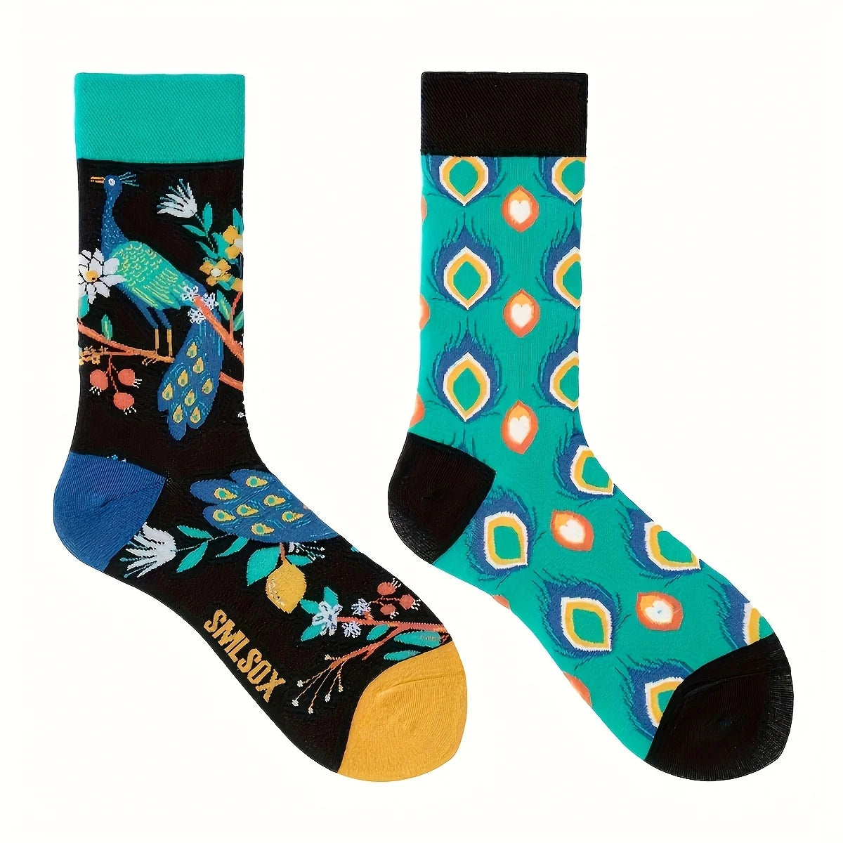 Cotton Blend Peacock Print Mid Calf Socks - 6