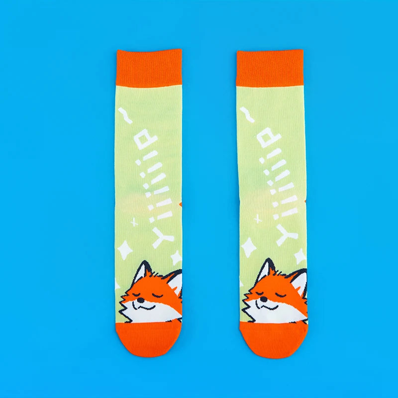 Cotton Blend Cartoon Fox Pattern Mid Tube Unisex Socks