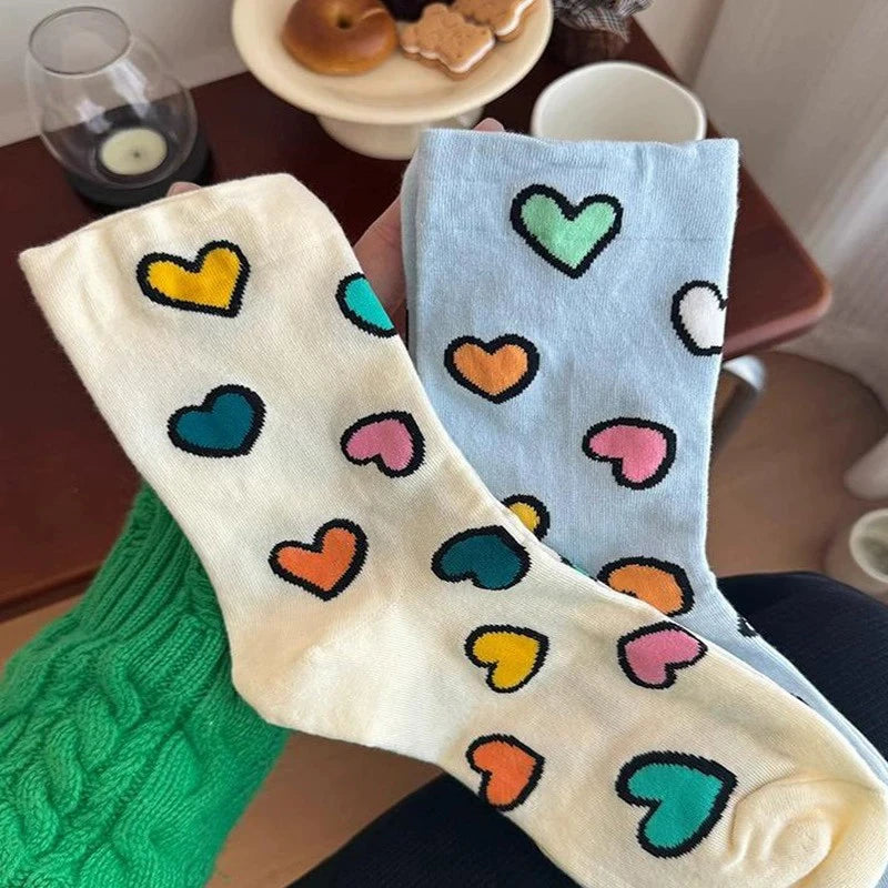 Polyester Elastane Heart Pattern Women Casual Crew Socks 5 Pairs