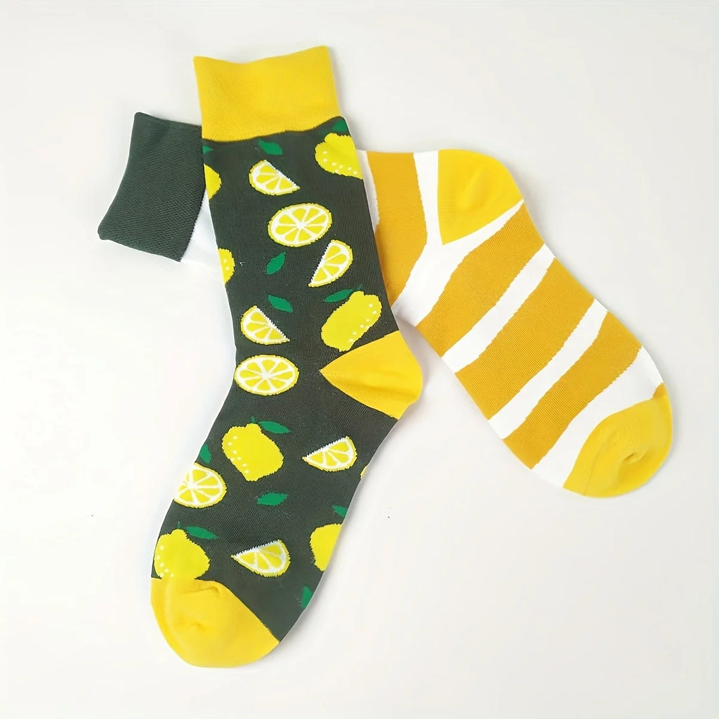 Cotton Lemon Print Mid Calf Casual Socks