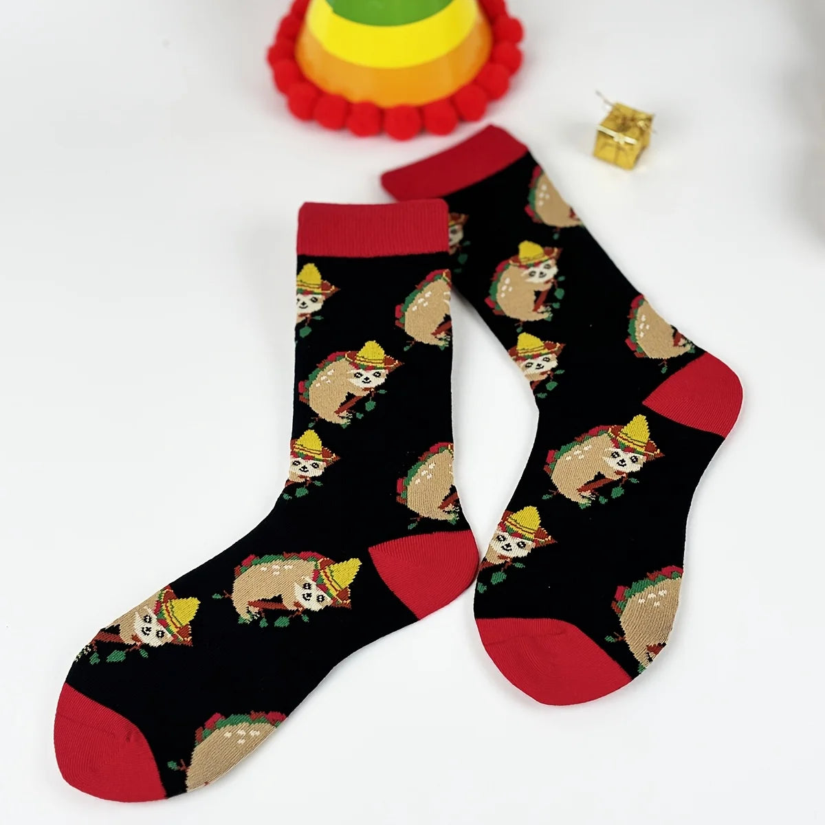 Polyester Elastane Sloth Pattern Mid Calf Casual Socks - 3
