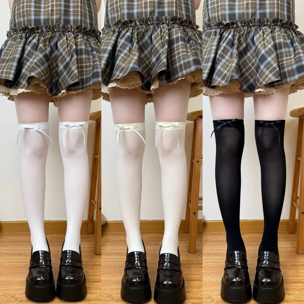 Nylon Polyester Ribbon Bow Thigh High Stockings - 7