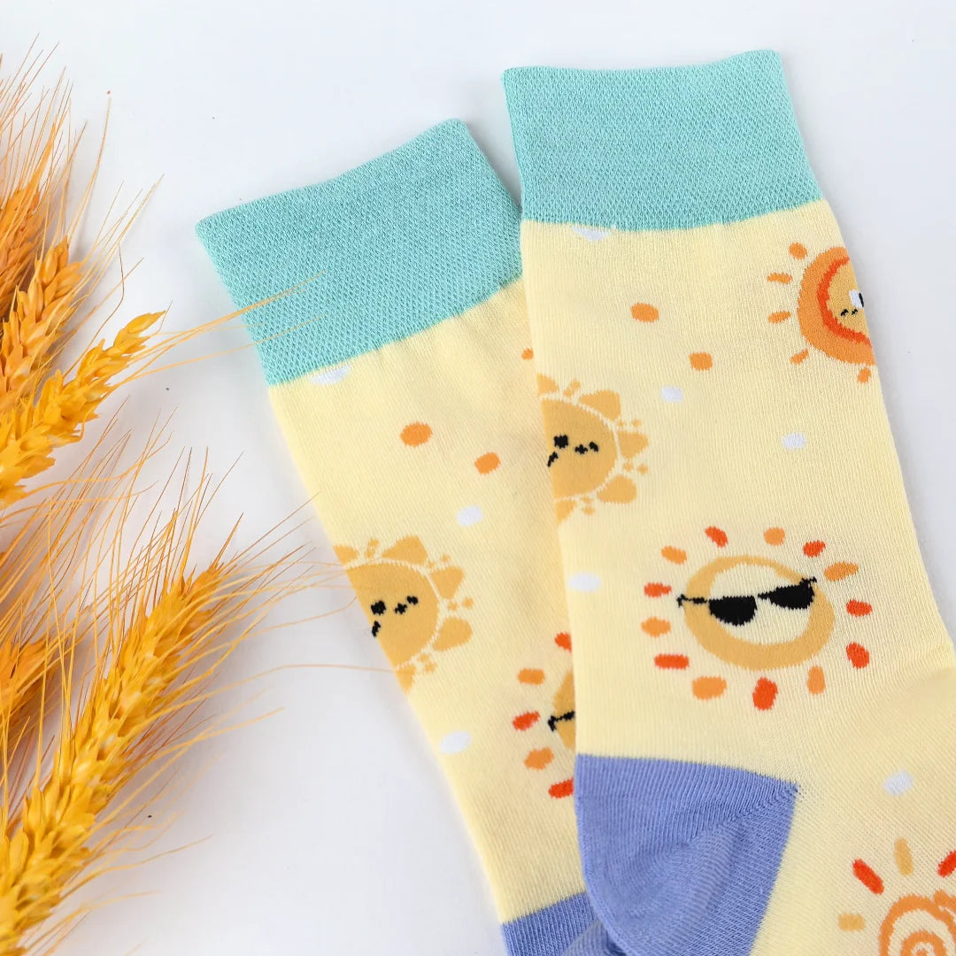 Cotton Blend Cartoon Sun Mid Calf Casual Socks