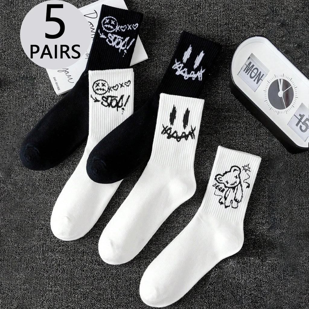 Polyester Elastane Cartoon Bear Crew Socks Five Pair Set