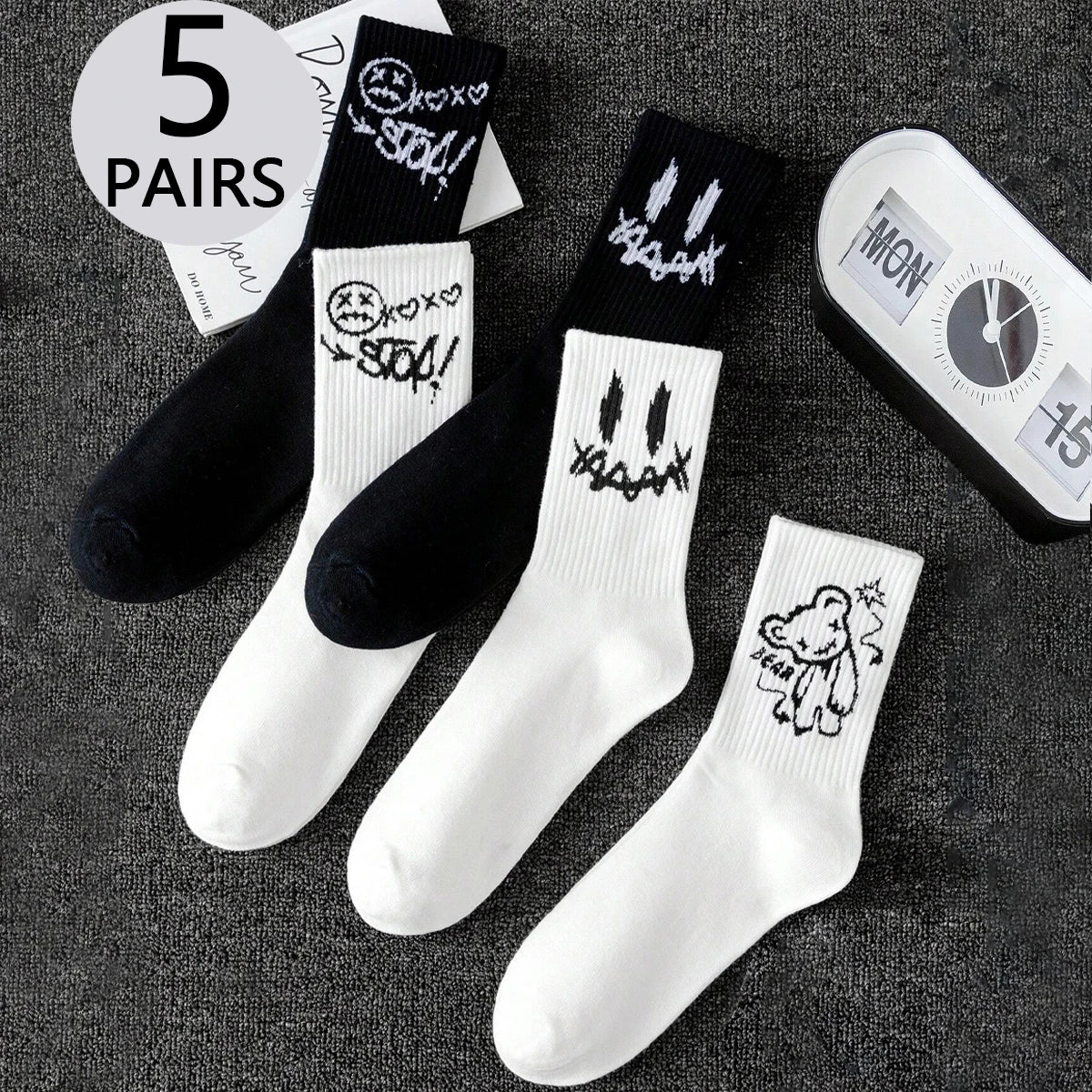 Polyester Elastane Cartoon Bear Crew Socks Five Pair Set