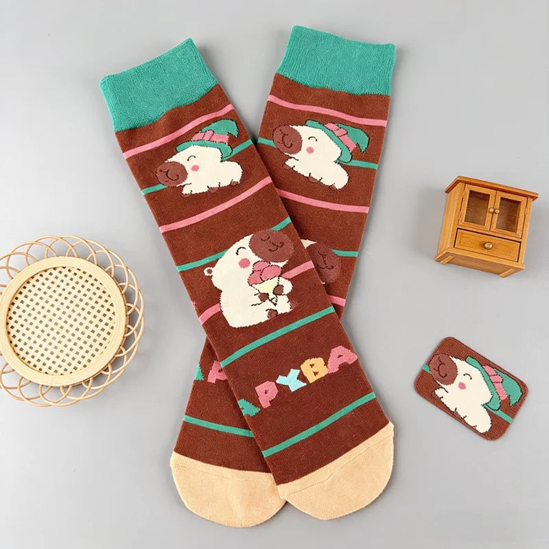 Cotton Blend Capybara Pattern Mid Calf Socks - 1