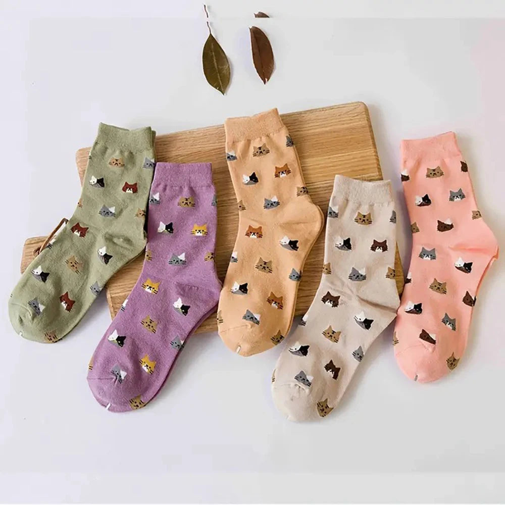 5 Pairs Women Cotton Cat Print Mid Tube Casual Socks