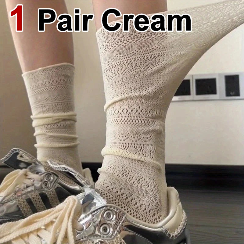 Lace Trimmed Polyester Elastane Casual Mid Tube Socks