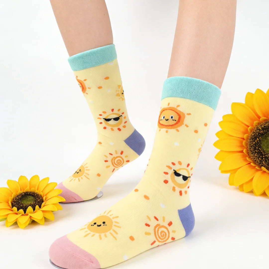 Cotton Blend Cartoon Sun Print Mid Calf Crew Socks - 1