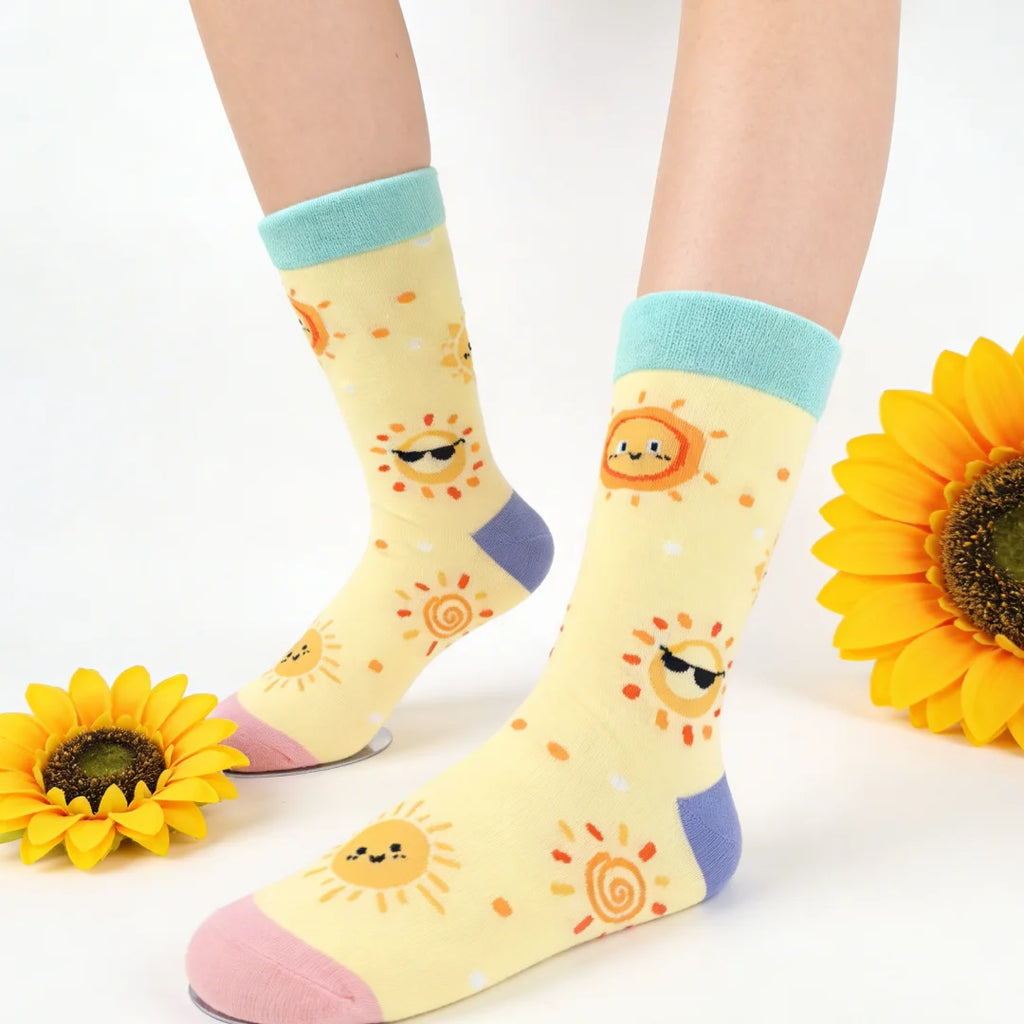 Cotton Blend Cartoon Sun Print Mid Calf Crew Socks