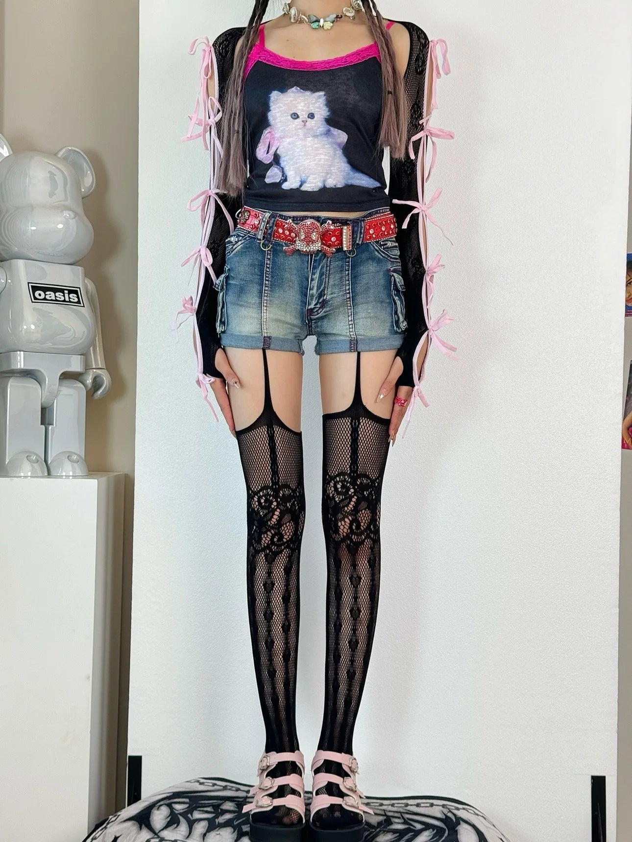 Floral Pattern Fishnet Garter Pantyhose - 11