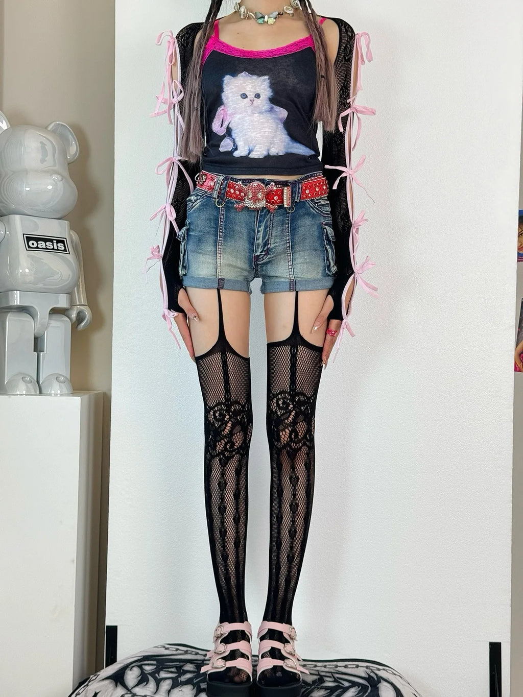 Floral Pattern Fishnet Garter Pantyhose