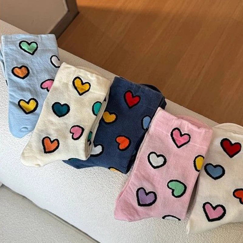 Polyester Elastane Heart Pattern Women Casual Crew Socks 5 Pairs - 13