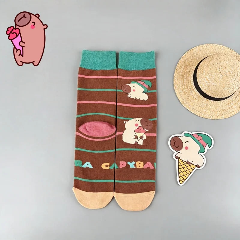 Cotton Blend Capybara Pattern Mid Calf Socks - 3