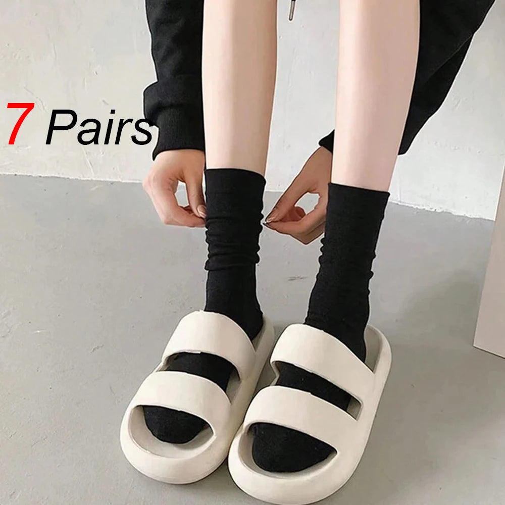 7 Pairs Womens Polyester Spandex Mid Tube Casual Socks