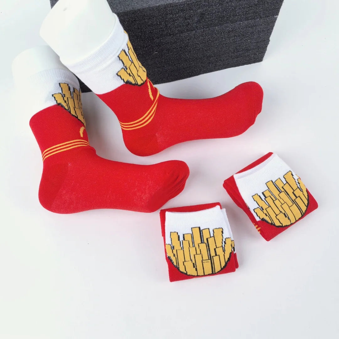 Polyester Elastane French Fries Print Unisex Mid Calf Socks 3 Pack