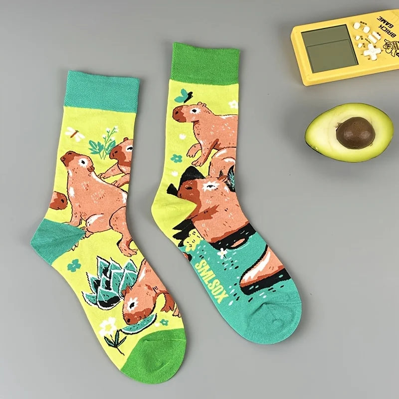 Cotton Blend Capybara Print Casual Mid Calf Socks