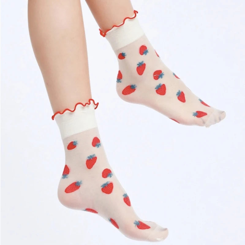 Nylon Spandex Fruit Print Lettuce Edge Mid Tube Socks