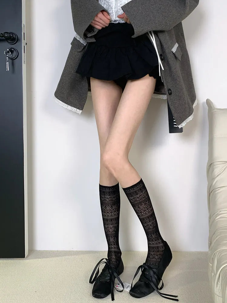 Floral Mesh Crew Socks Women Polyester Mid Tube Casual Hosiery