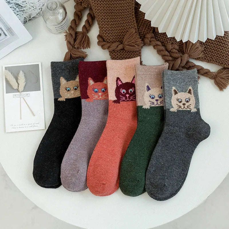 Wool Blend Cat Print Winter Socks Five Pairs - 8