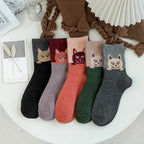 Wool Blend Cat Print Winter Socks Five Pairs