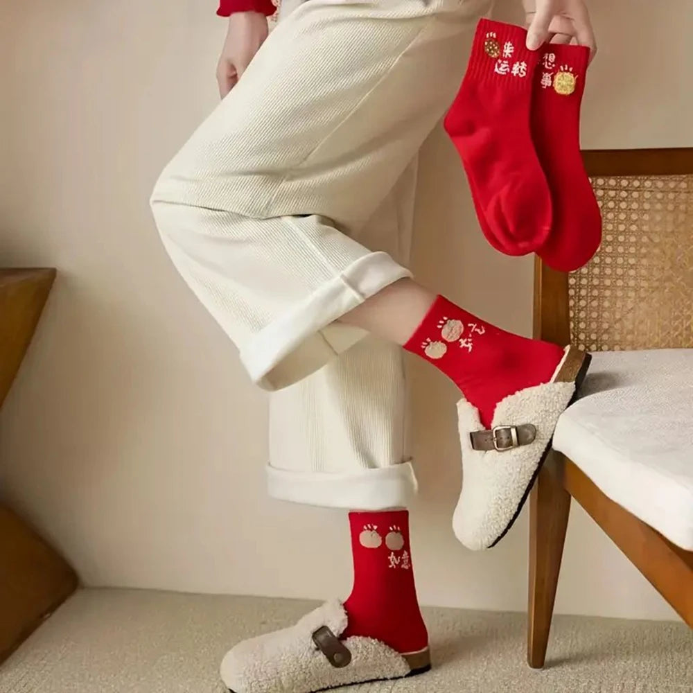 Polyester Mid Tube Socks Printed Lucky Patterns 5 Pairs