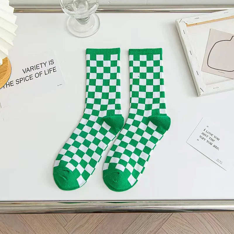 Cotton Blend Plaid Pattern Mid Tube Unisex Socks