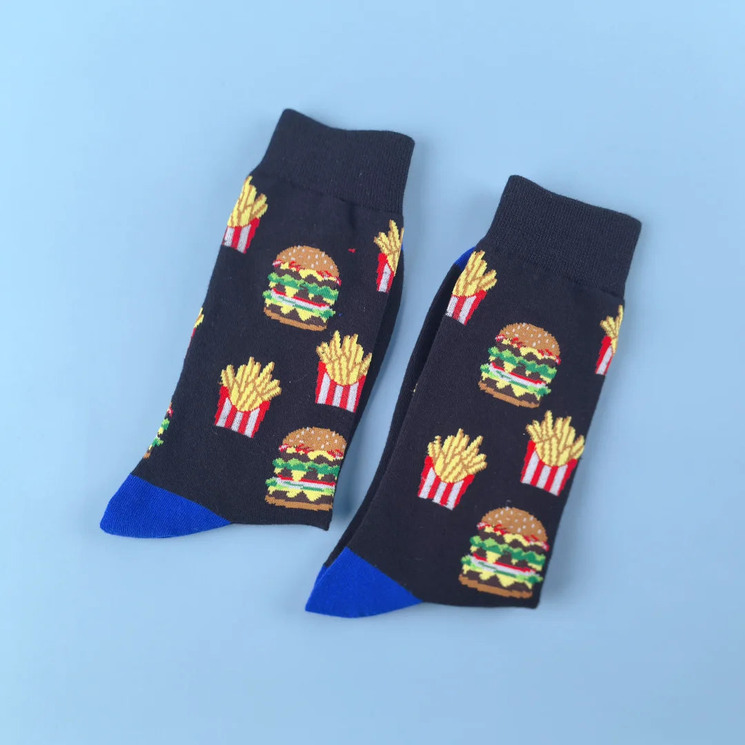 Polyester Elastane French Fry Burger Pattern Crew Socks