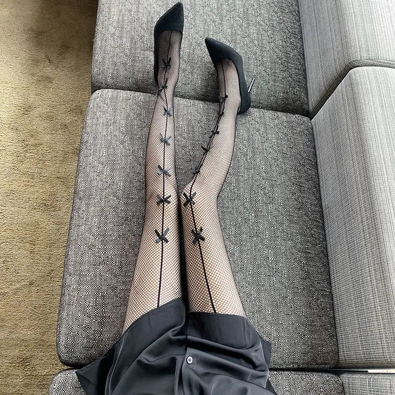 Elastane Polyamide Mesh Bow Detail Fishnet Tights for Women - 4