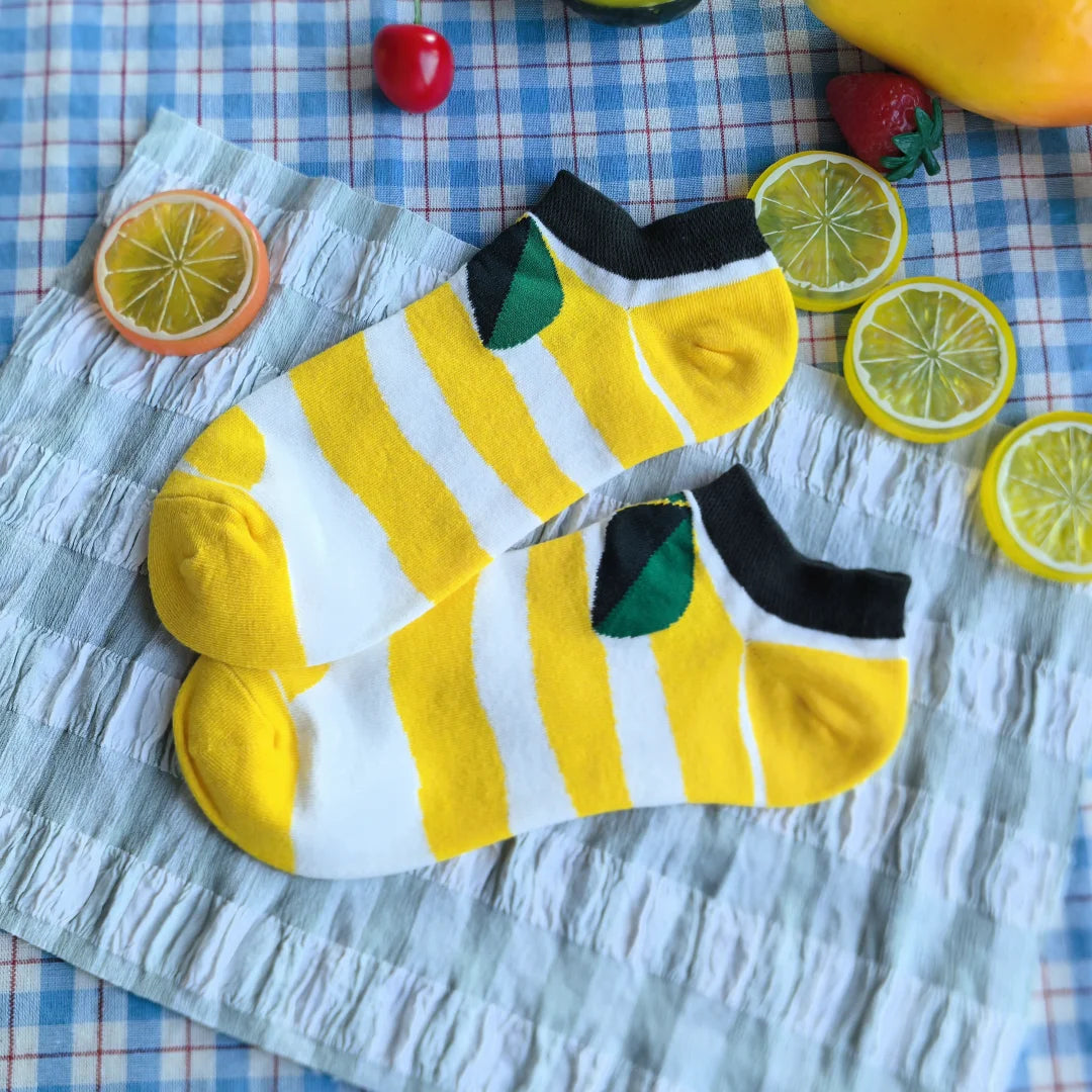 Yellow Striped Cotton Blend Ankle Socks