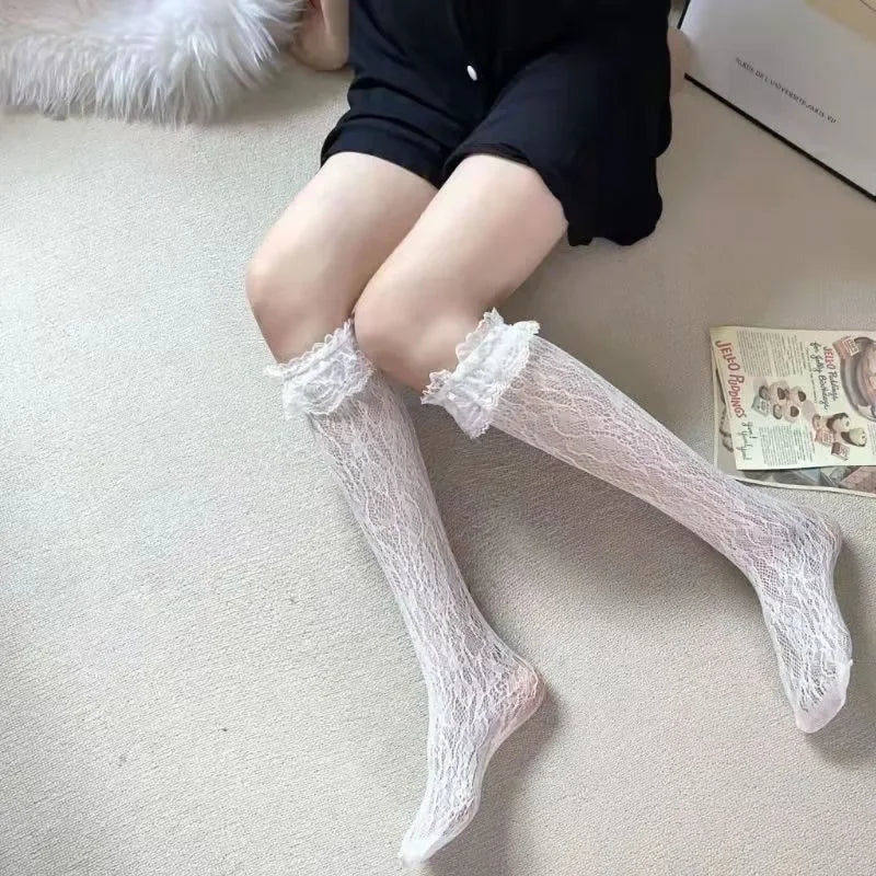 Women Nylon Floral Lace Mid Calf Socks