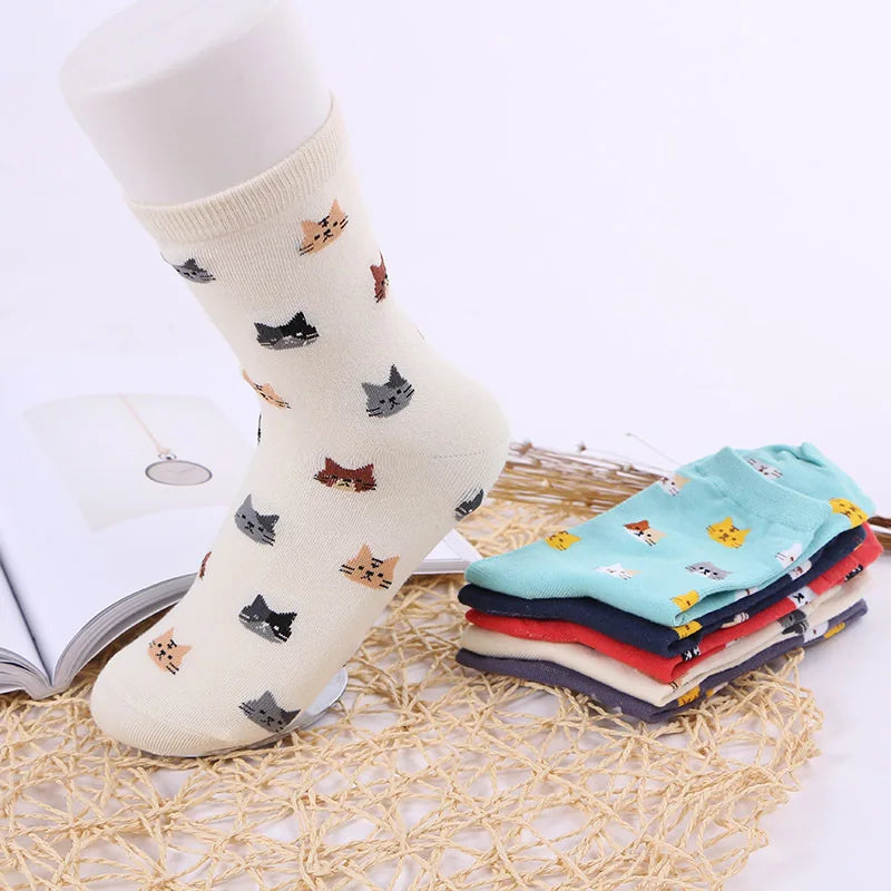 5 Pairs Women Cotton Cat Print Mid Tube Casual Socks - 2