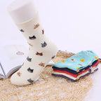 5 Pairs Women Cotton Cat Print Mid Tube Casual Socks